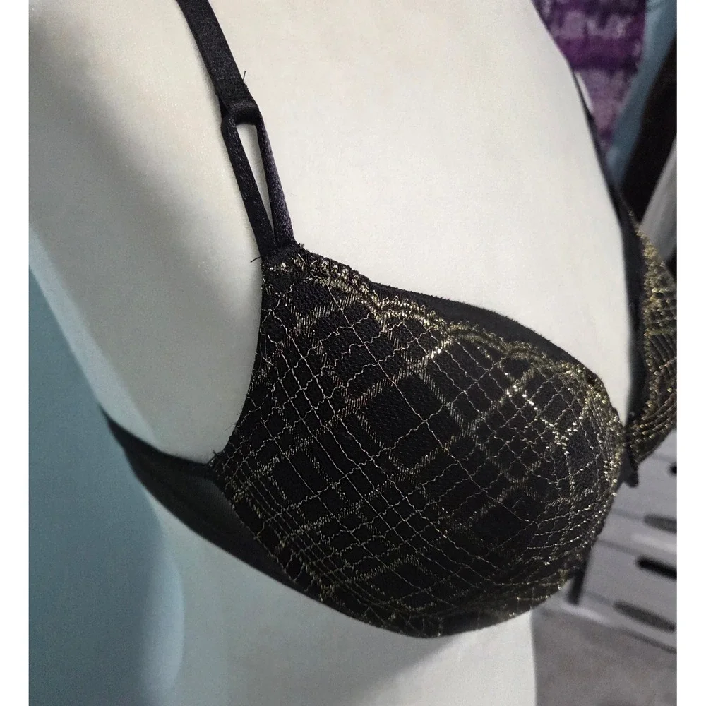 Victoria's Secret Black Gold Metallic Plaid Push-Up Bra 32D 858629-QC5